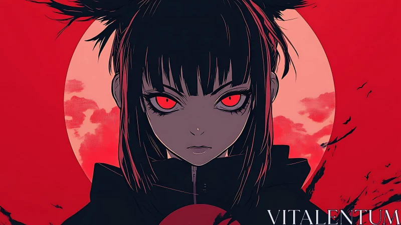 Monochrome anime portrait aligns with blood-red lunar backlight