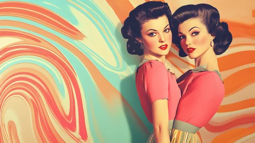 Retro styled twin women against abstract swirl backdrop.
