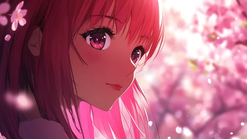 Side profile of anime girl with pink hair among blossoms