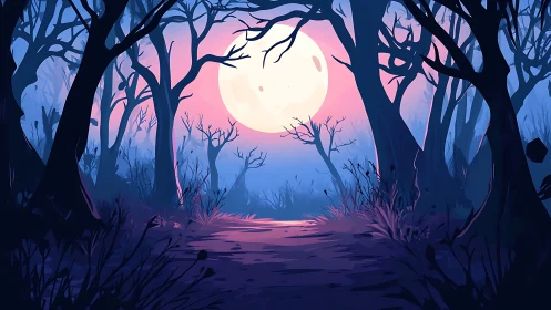 Moonlit Forest Path Rendered Digital Landscape with Atmospheric Glow.