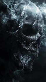 Volumetric smoke-etched skull rendered in high contrast profile.