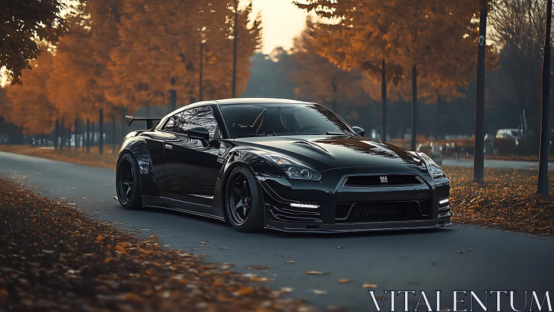 Midnight tuner beast cruising through ember-leaf autumn streets.