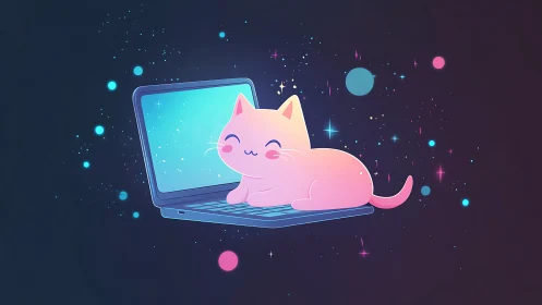 Luminescent Feline Character on Laptop Display with Particle Effects