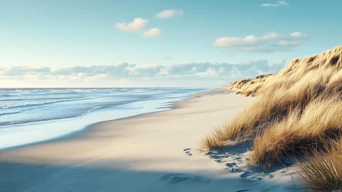 Coastal dunes with windswept grasses along tranquil shoreline.