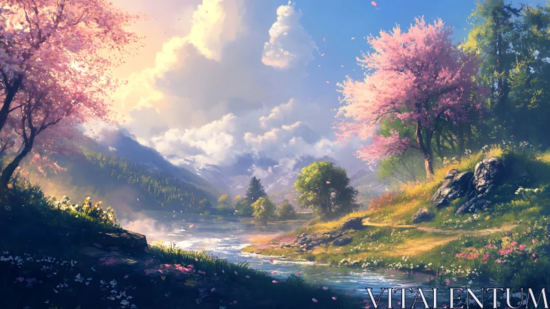 Spring river valley landscape shows blooming trees and clouds