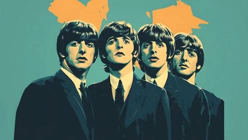 Retro pop portrait of four suited musicians in teal glow.