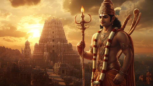 Sun-forged guardian before towering golden temple spires.