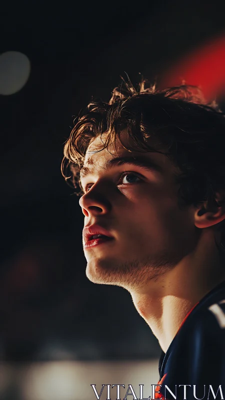 Young man in dramatic stadium-style lighting profile portrait.