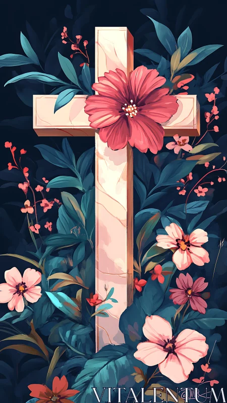 Marble cross structure surrounded by dense floral growth.