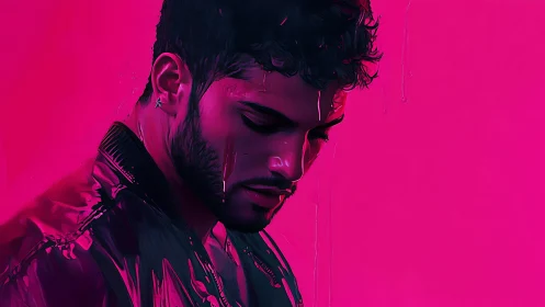 Neon sorrow drips softly down a chrome-lit midnight gaze