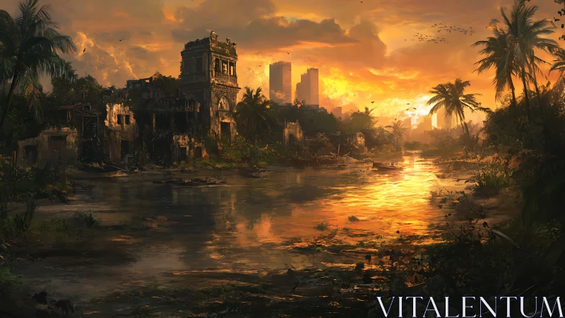 Ruined riverside city glows beneath a burning sunset sky.