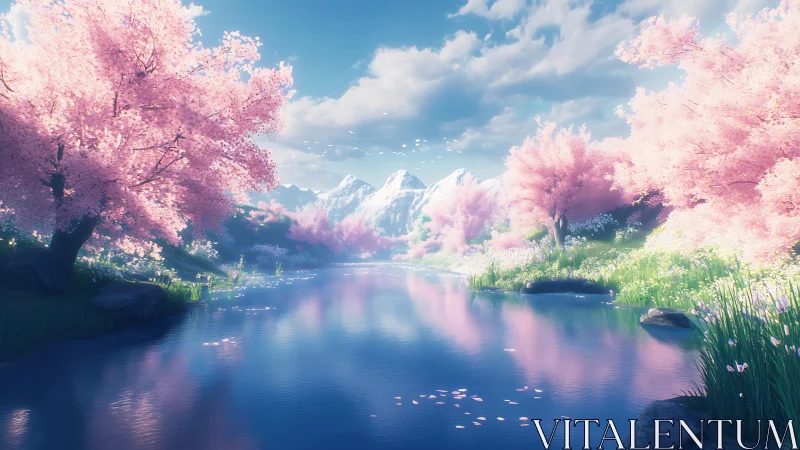 Soft spring river beneath snow-tipped mountains in bloom.