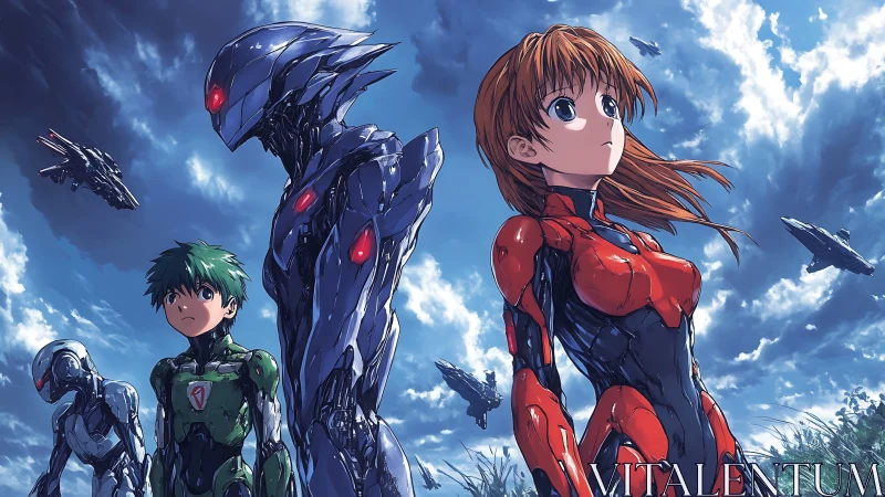 Aerodynamic exosuits and sentient mechs under stratocumulus sky.