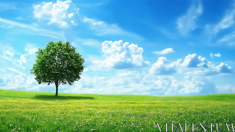 Solitary deciduous tree on sunlit meadow under cumulus sky