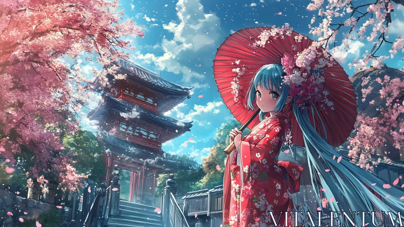 Anime girl in red kimono admires cherry blossoms by shrine