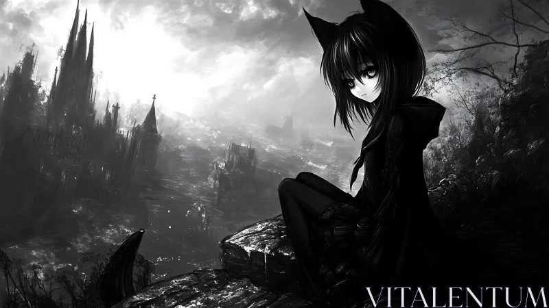 Gothic catgirl overlooks ruined monochrome fantasy cityscape.