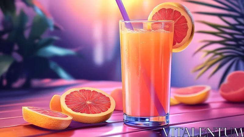 Grapefruit Citrus Beverage with Straw in Gradient Lighting