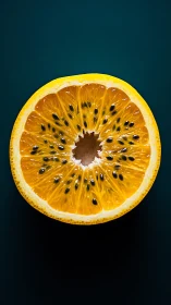 Macro cross section hybrid citrus fruit with dark central seeds