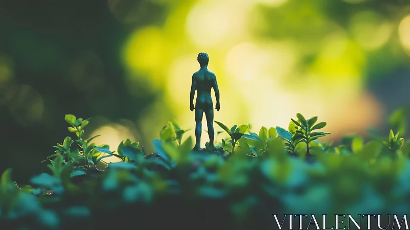 Miniature human figure standing on dense green foliage.