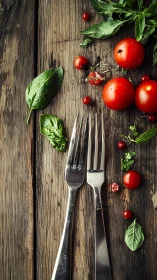 Rustic tomato duet dancing with basil on weathered wood.