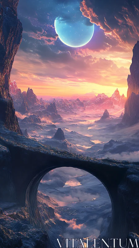 Vast alien bridge spanning misty valley under twin sky.