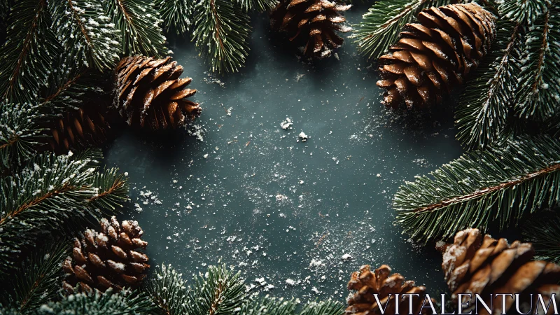 Circular pine branches and cones with snow dust on dark surface