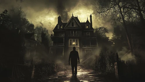 Solitary figure approaching fog-shrouded Victorian haunted manor