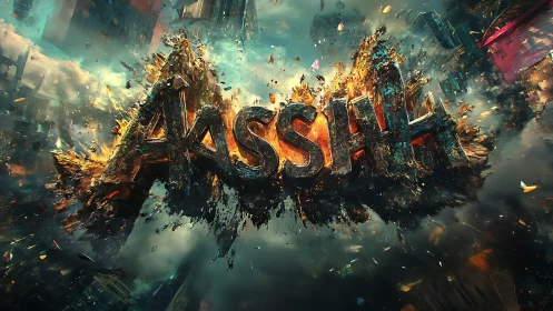 Explosive volumetric typography shattering into urban fragments.