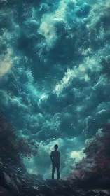 Skyward dreamer pauses beneath a swirling cosmic storm