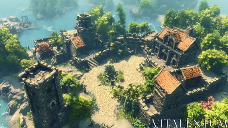 Medieval riverside fortress courtyard under soft summer light.