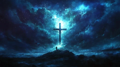 Digital painting of luminous cross in cosmic ocean stormscape.