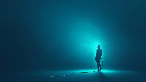 Backlit silhouette with tether in minimal cyan void study.