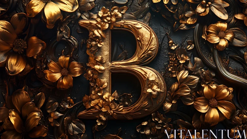 Golden letter B with ornate floral relief on dark background