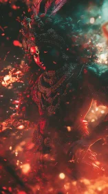 Divine warrior deity emerges in glowing embers and smoke.