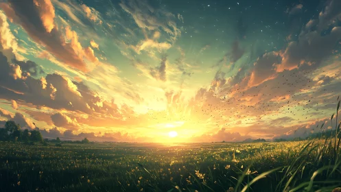 Sunset over open grassland with clouds and distant trees.