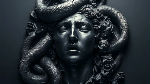 Gloomlit Medusa effigy wrapped in brooding metallic serpents.