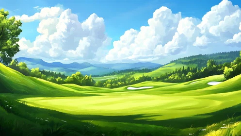 Golf fairway landscape under cumulus clouds and hills.