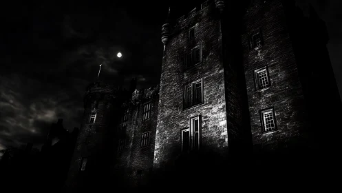 Nocturnal stone bastion under high-contrast lunar illumination.