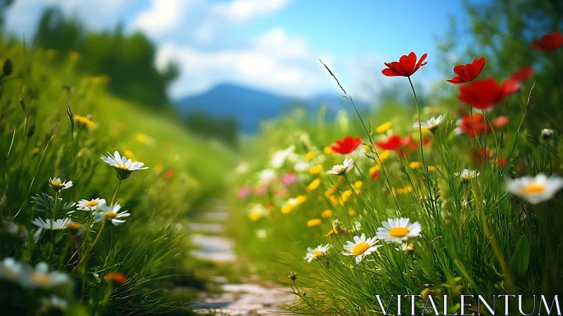 Sunny wildflower path inviting slow, peaceful wandering.