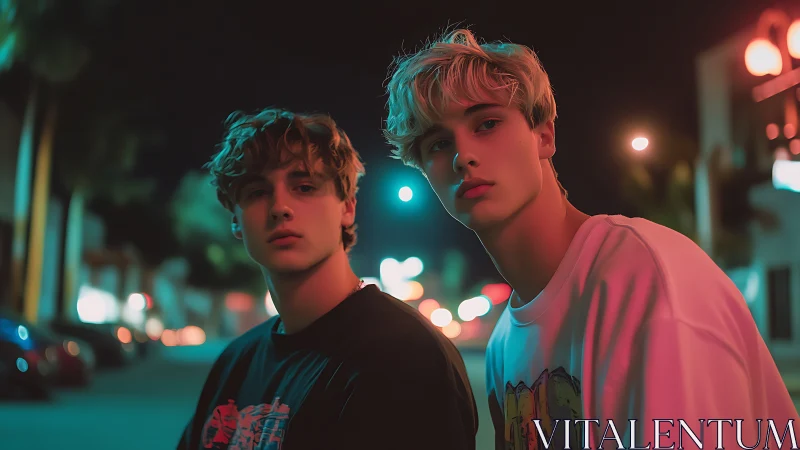 Neon-lit urban night portrait of two youths in shallow focus