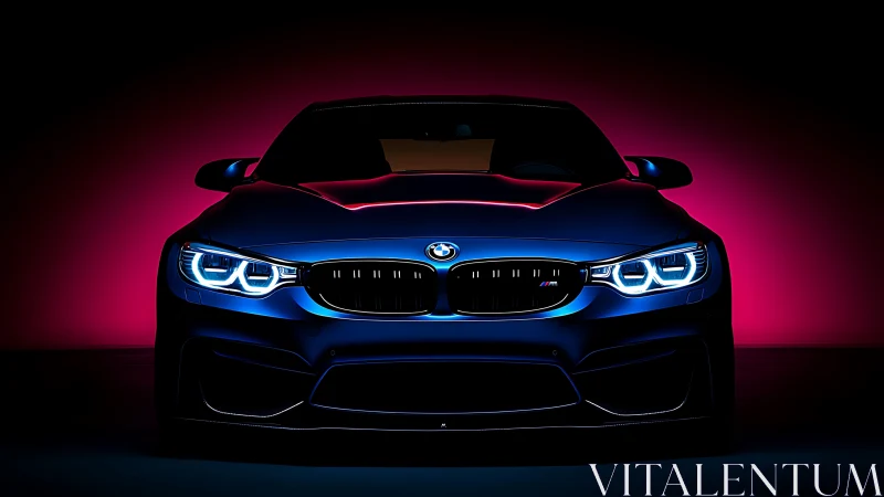 BMW sports coupe front view with neon studio lighting.