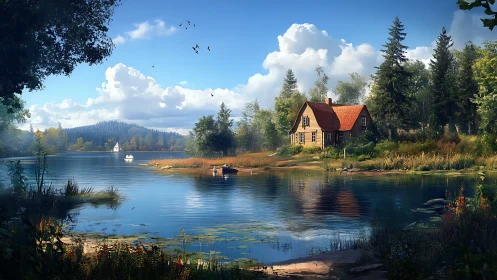 Lakeside cabin under bright clouds in tranquil forest landscape.