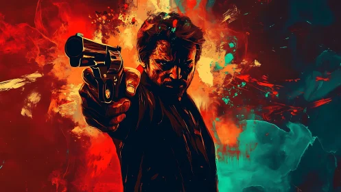 Gunman in bold red and teal abstract digital artwork.