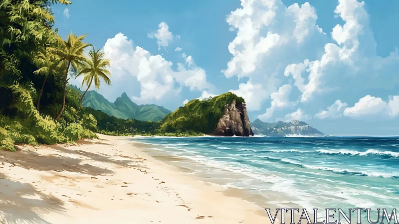 Tropical Island Beach with Mountains and Palm Trees
