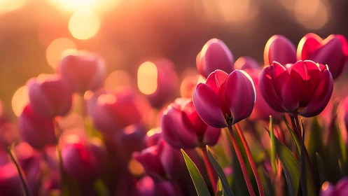 Crimson Tulips Bathed in Golden Hour Reverie.