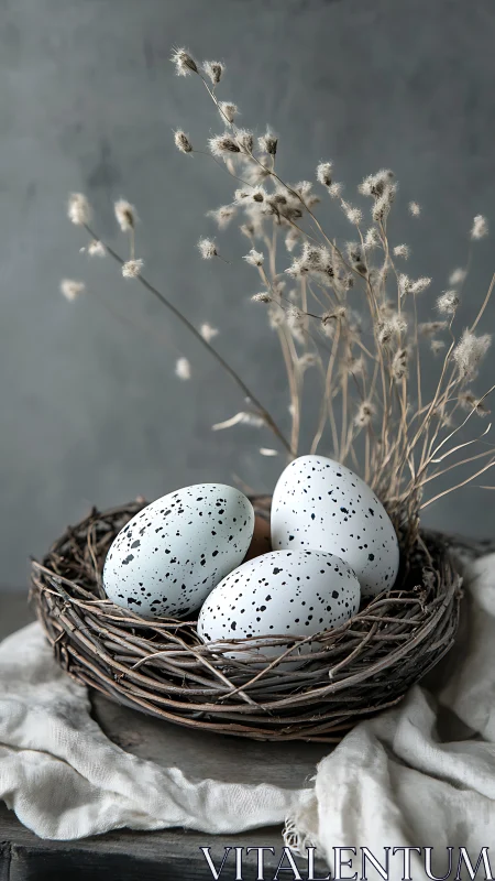 Speckled stillness cradles spring secrets in a twigged nest