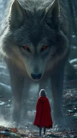 Forest meeting of a brave girl and a towering silver wolf.
