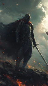Armored knight stands over burning battlefield under storm clouds