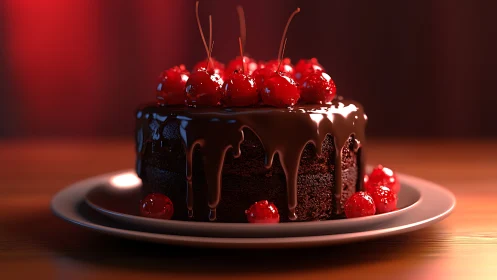 Chocolate Layer Cake with Glossy Ganache Drip and Maraschino Cherry Topping