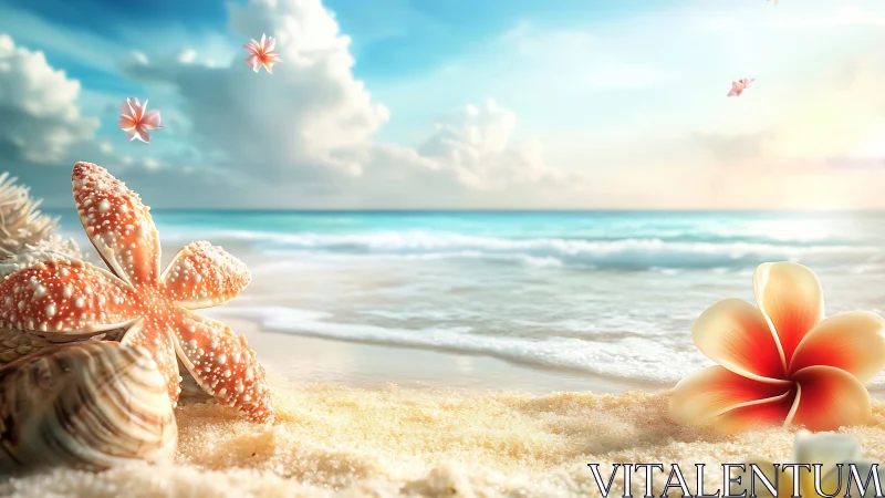 Digital painting of tropical starfish and flowers on beach.